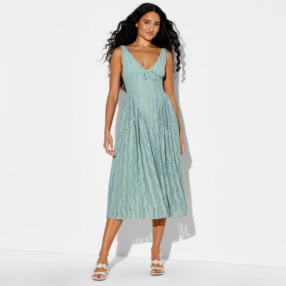Women's Midi Lace Basque Empire Waist Dress - Wild Fable Slate Blue L